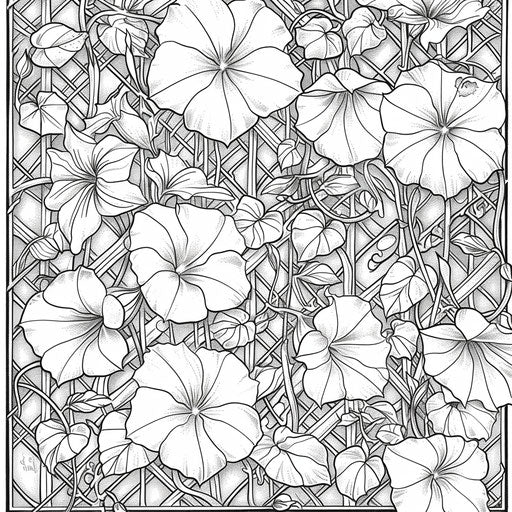 Morning glories climbing trellis, coloring page