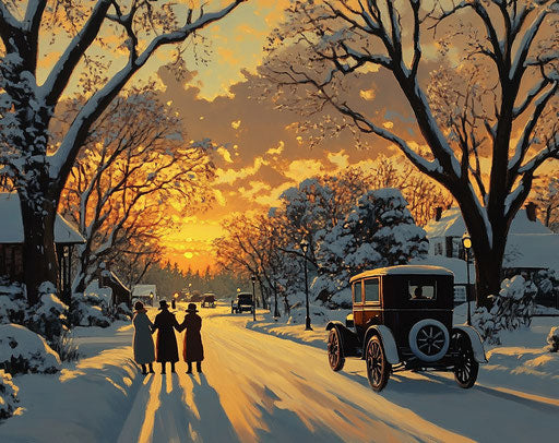 Winter scene with snow-covered trees, people holding hands at sunset