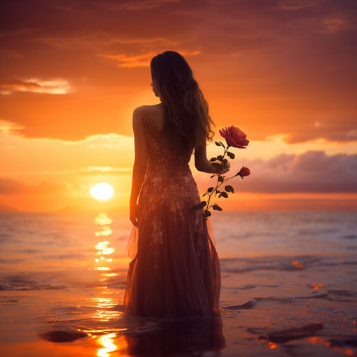 Sunset with girl and flower, whimsical dreamscapes