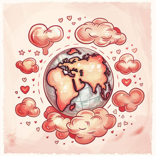 Romantic flat tattoo sketch of a globe surrounded by heart-shaped clouds