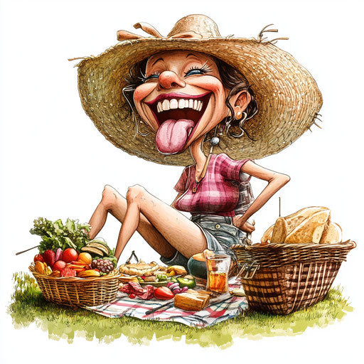 Humorous caricature of a picnic clipart with human characteristics, exaggerated dimpled chin, thin legs, pastel shades, vibrant colors, cartoon style, laughing, high resolution, no background, isolated