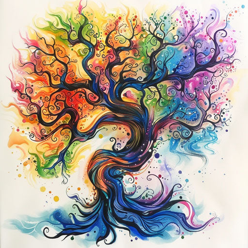 Psychedelic tree of life, vibrant colors and swirling patterns on white canvas