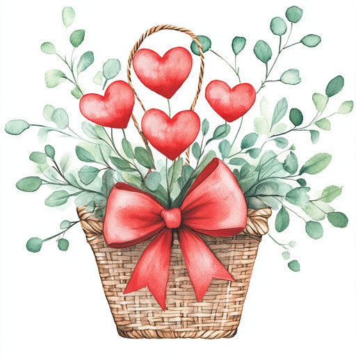 Valentine's Day basket of hearts with red ribbons