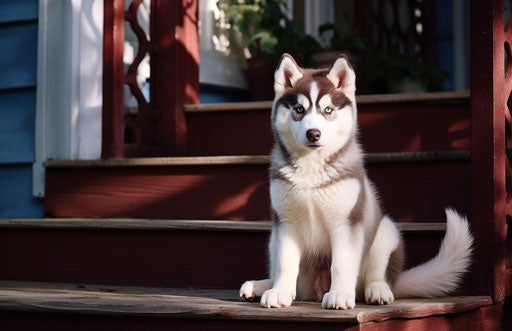 Siberian husky dog sitting on the steps of a house