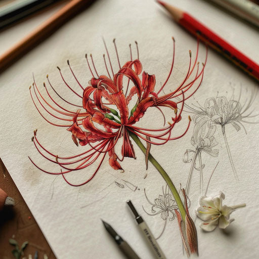 Hyper-realistic tattoo sketch of a red spider lily