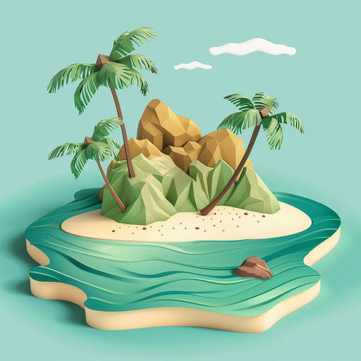 Realistic island illustration on flat turquoise backdrop