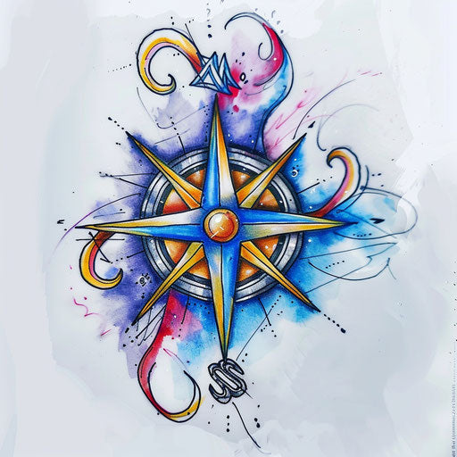 Whimsical tattoo sketch of colorful compass rose