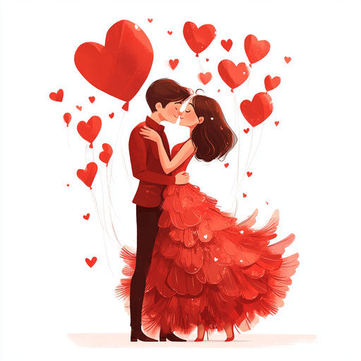 Adorable young couple in love with red dresses and hearts