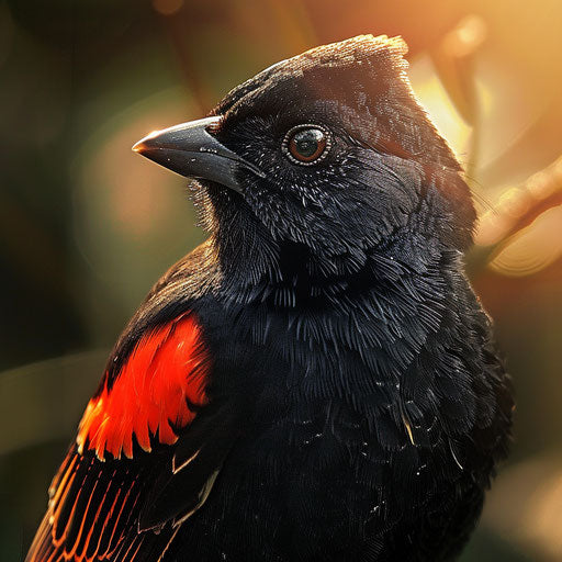 Black bird with red wings in the sunlight