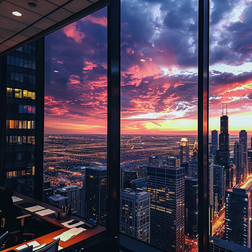 Panoramic city view from high-rise at sunset