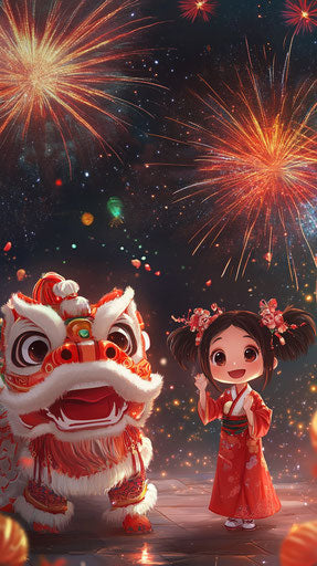 Cute red and white snake with lion dancer girl
