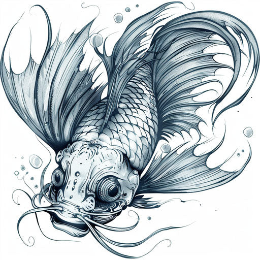 Illustration of a surreal fish tattoo design blending fantasy elements with a deep sea creature on white background.