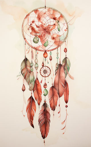 Dream catcher with feathers, light red and dark emerald