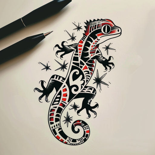 Exotic flat tattoo sketch of a gecko with traditional Polynesian tattoo motifs