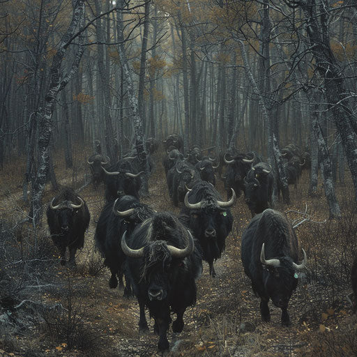 Yak herd wandering through a thick forest in autumn