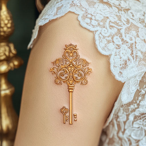 Flat tattoo sketch in clipart style for cute couple, showing matching tiny key and lock symbols, in gold ink