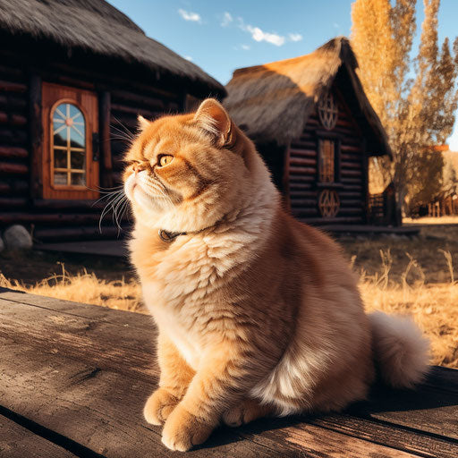 Exotic shorthair cat sitting in front of a log cabin