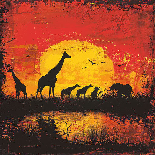Animals against vibrant sunset on African plains