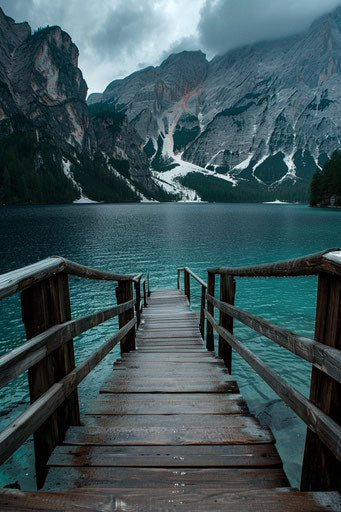 Wooden pier leading to the Dolomite mountains