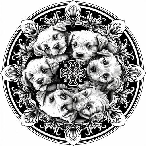 Detailed mandala with puppies intertwined. Coloring book page