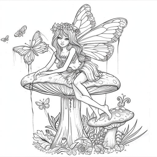 Whimsical fairy sitting on a toadstool with butterflies