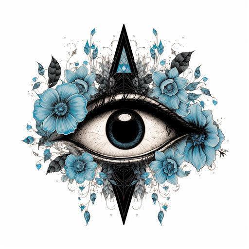 All seeing eye in black and white illustration, bronze and azure style
