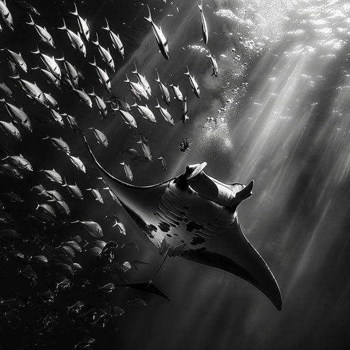 Manta ray with a school of fish in the background