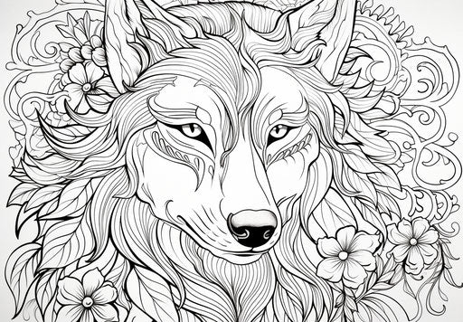 Wolf coloring pages, in the style of mesmerizing colorscapes, captivating intricate storytelling, 33:23 Caninecore
