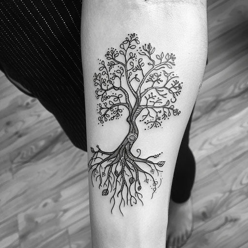 Whimsical flat tattoo sketch of cartoon-style roots with playful elements
