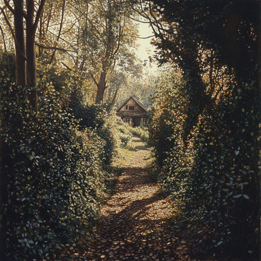 Woodland path lined with holly bushes, leading to a hidden holiday retreat in the heart of the forest