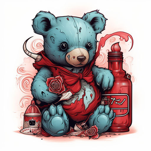 Teddy bear with baby bottle, tattoo style, red and blue
