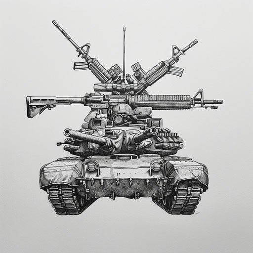 Detailed army tattoo in black ink with tank and crossed rifles on pure white background