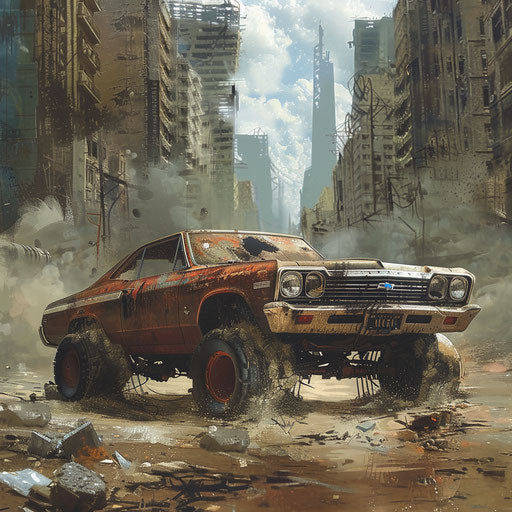 1967 Chevy Bel Air in apocalyptic urban landscape