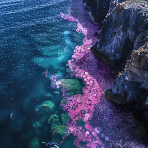 Aerial view of coastal area with blooming jellyfish turning sea pink and purple, seen from cliffs.