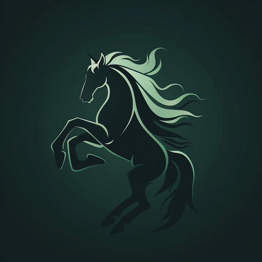 Sophisticated horse logo with a rearing horse on dark green background