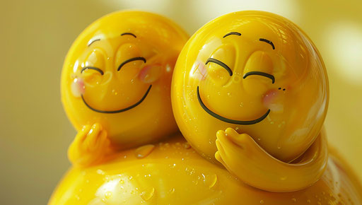 Yellow Love: Two smiling emoticoids hugging