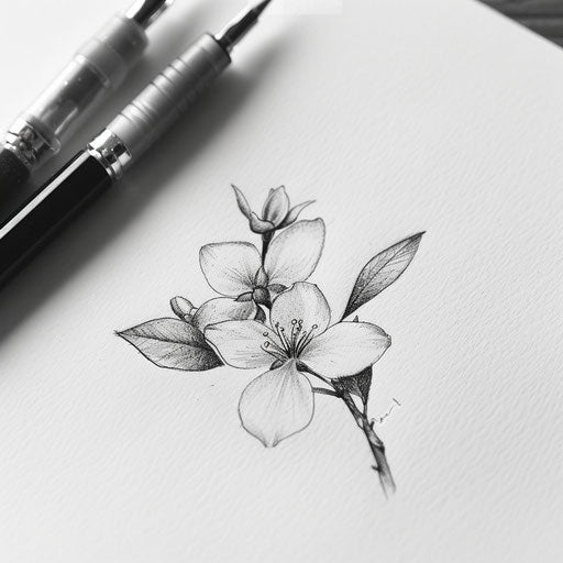 Realistic drawing of a small jasmine flower tattoo, fine details on white canvas