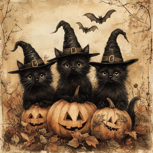 Three black cats in witches' hats, pumpkins and bats
