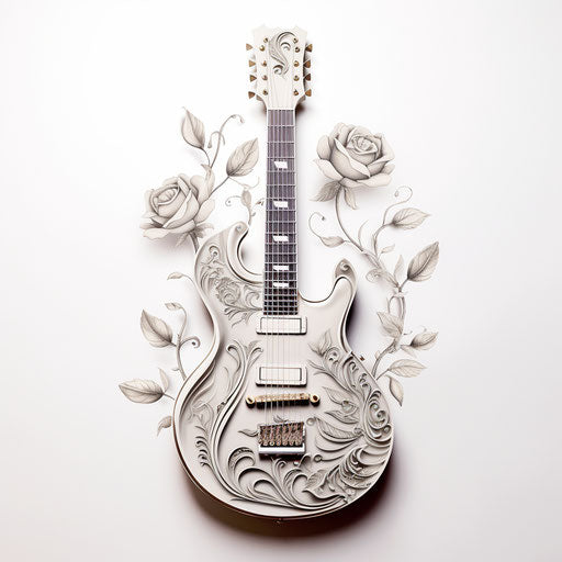 Tattoo of old guitar in light silver and bright white