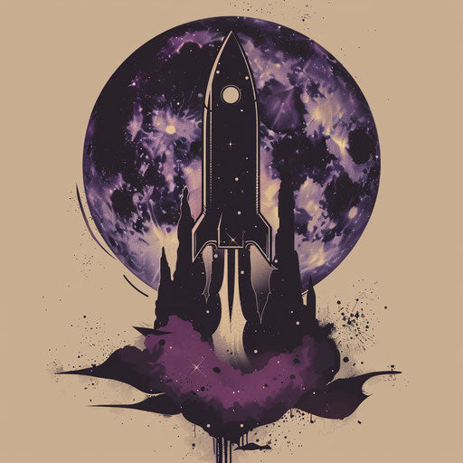 Eerie flat tattoo sketch of a phantom rocket in a spooky space scene