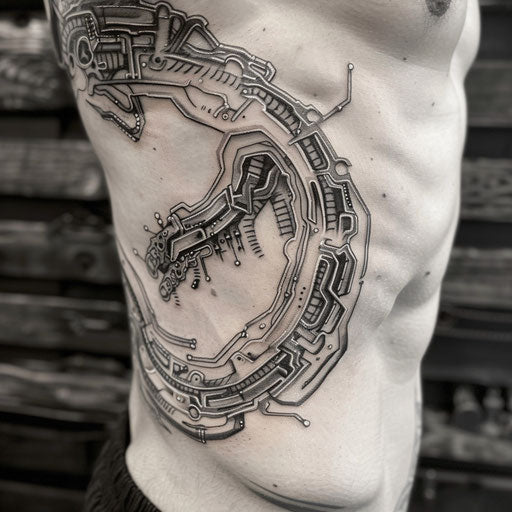 Biomechanical circuit rib tattoos, Guy Aitchison style