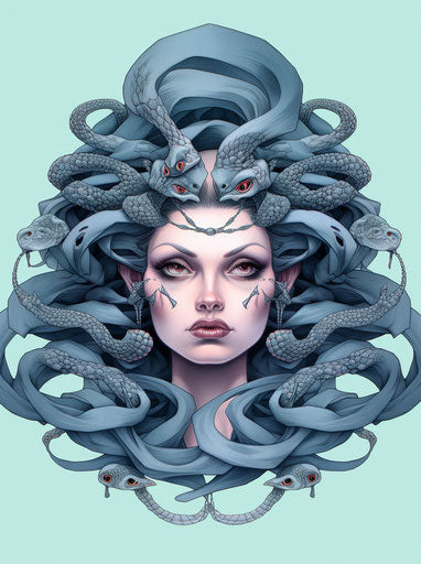 Two medusa tattoos on head, colored cartoon style