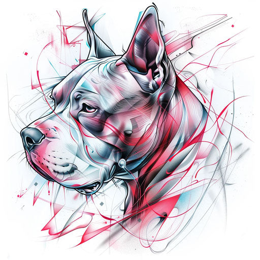 A futuristic pitbull tattoo design, with neon lines and metallic shades, illustrated on a plain white canvas.