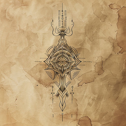 Hand-drawn tattoo sketch of a Kalinga symbol with organic lines and a rustic feel