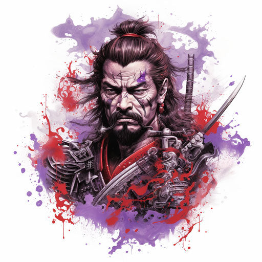 Japanese samurai tattoo art, expressive facial animation style