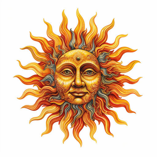 The ancient sun, white background, sgraffito style, colorful caricature