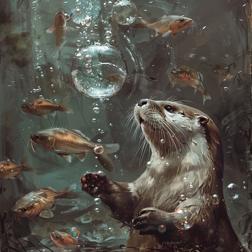 Otter plays with bubbles and underwater fish