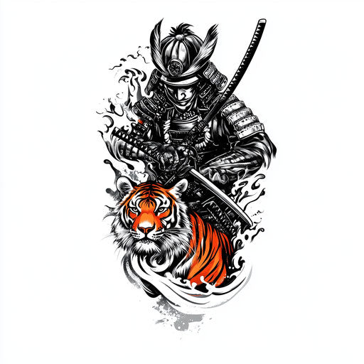 Japanese samurai tattoo with tiger - beautiful flat sketch