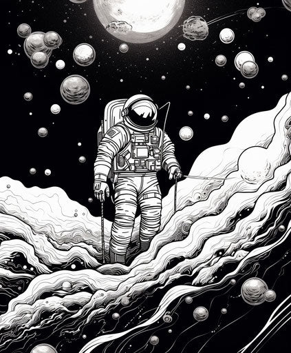 Astronaut in outer space framed by bubbles on off white background, clean sharp inking style, detailed monochrome, impressive skies 5:6
