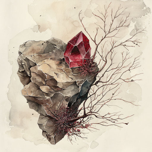 Emergence of a gemstone from the rock, naturalistic tattoo